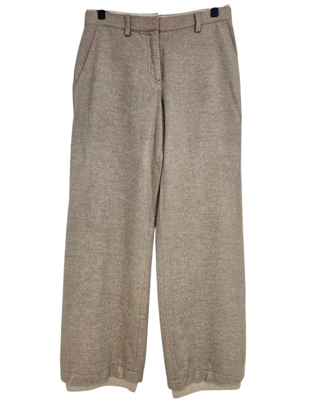 Brunello Cucinelli Beige Wool Ribbed Knit Trim Wide Leg Trouser Pants
